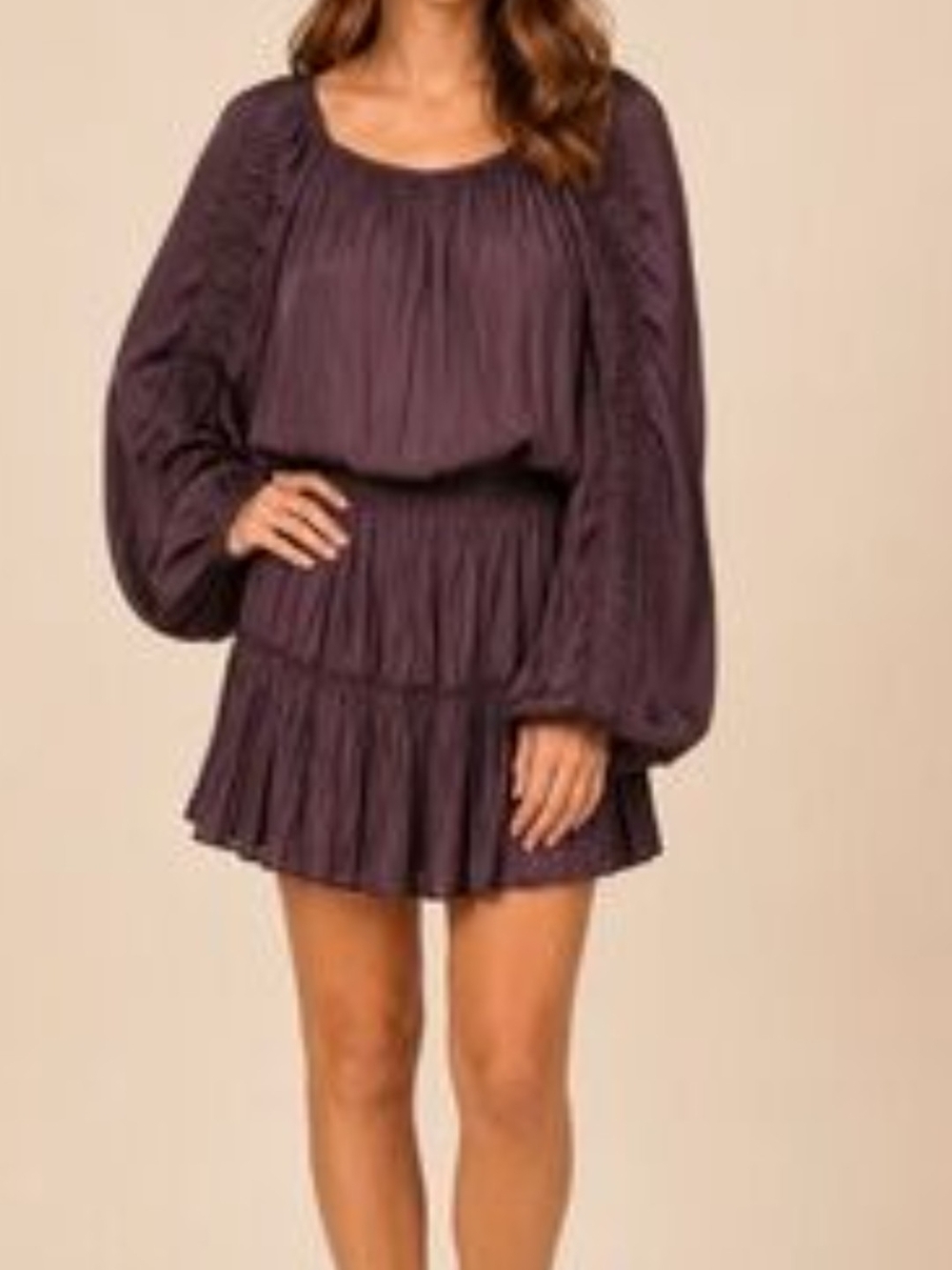 Fab'Rik Long Sleeve Smocked Waist Mini Dress Deep Wine/Plum Size Small
